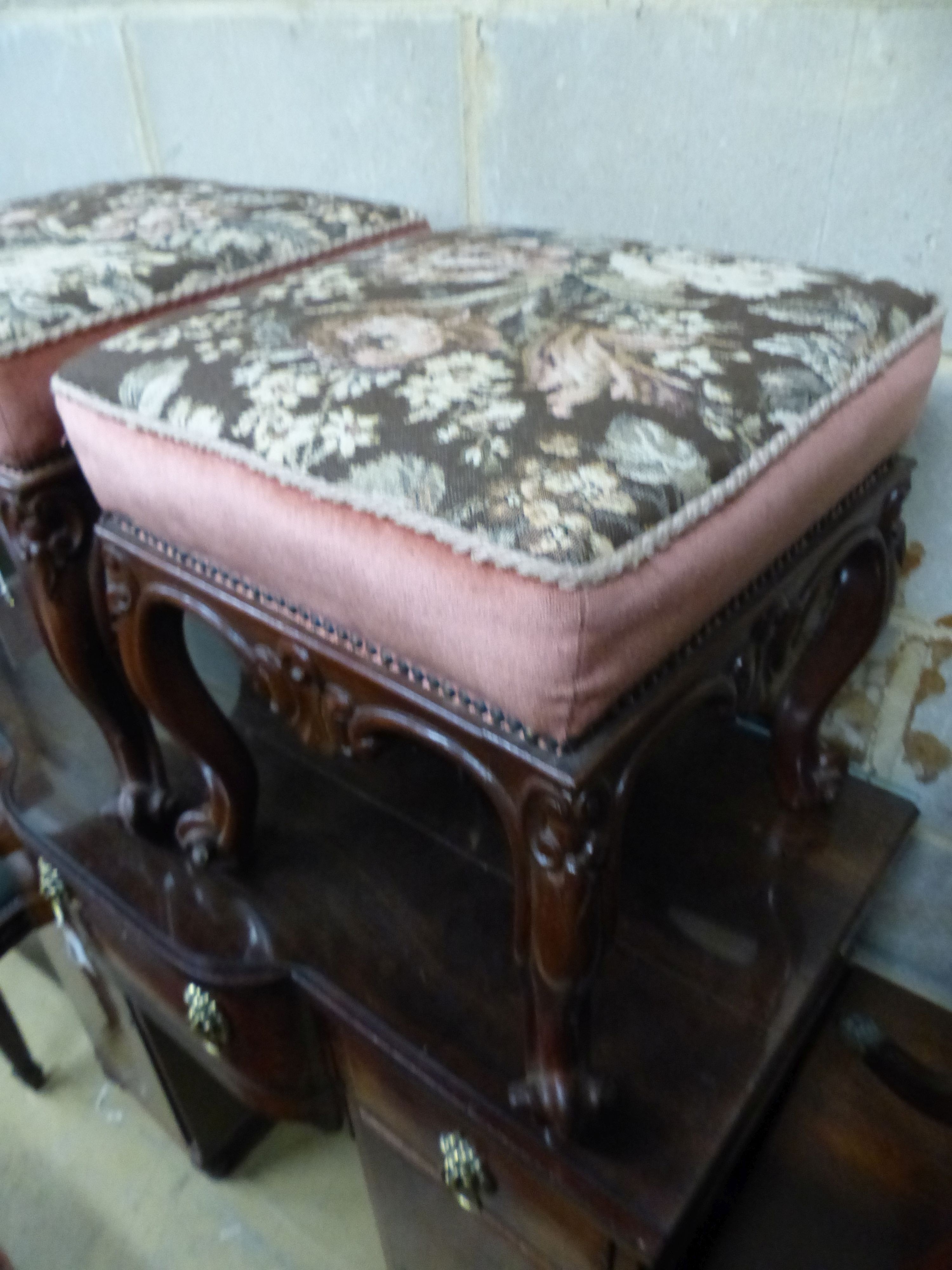 A pair of Victorian mahogany square topped tapestry upholstered stools, on cabriole legs, W.45cm D.48cm H.44cm